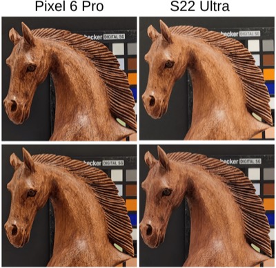 A wooden horse as rendered by the Pixel 6 Pro and S22 Ultra ISPs, compared with MetaISP